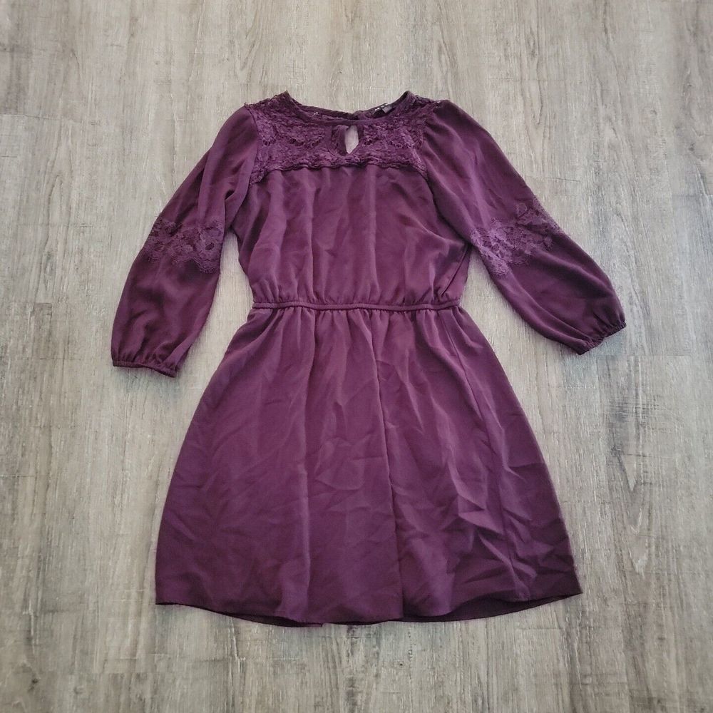 As U Wish Cute Dress ~ Sz M ~ Above Knee ~ 3/4 Sleeves ~ Elastic Waist ~ Purple